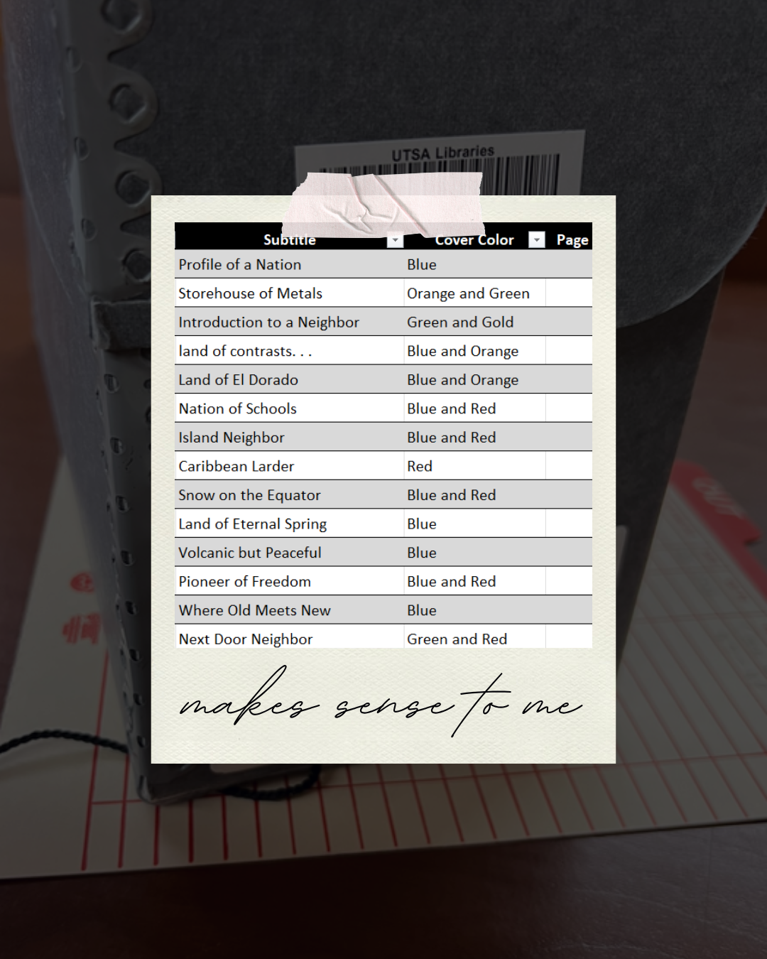 excel file with book subtitles and colors of the covers in an excel document.